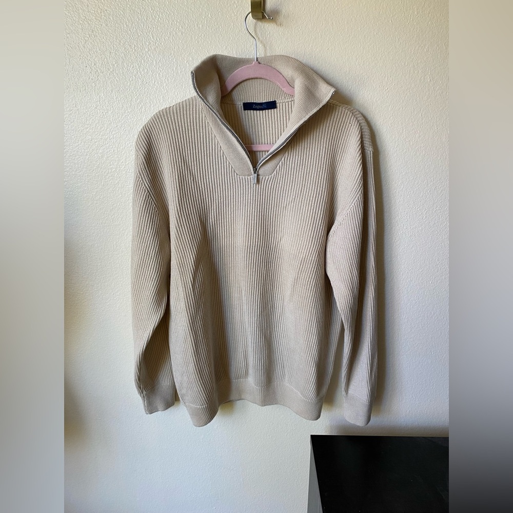Ermenegildo Zegna Beige Ribbed Half-Zip Sweater